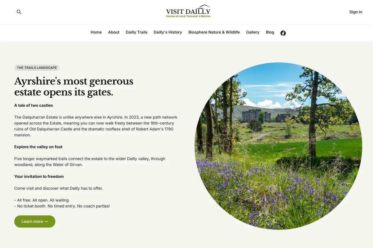 Circular image of Dalquharran Castle ruins in a green landscape with bluebells, next to text about Dailly Estate