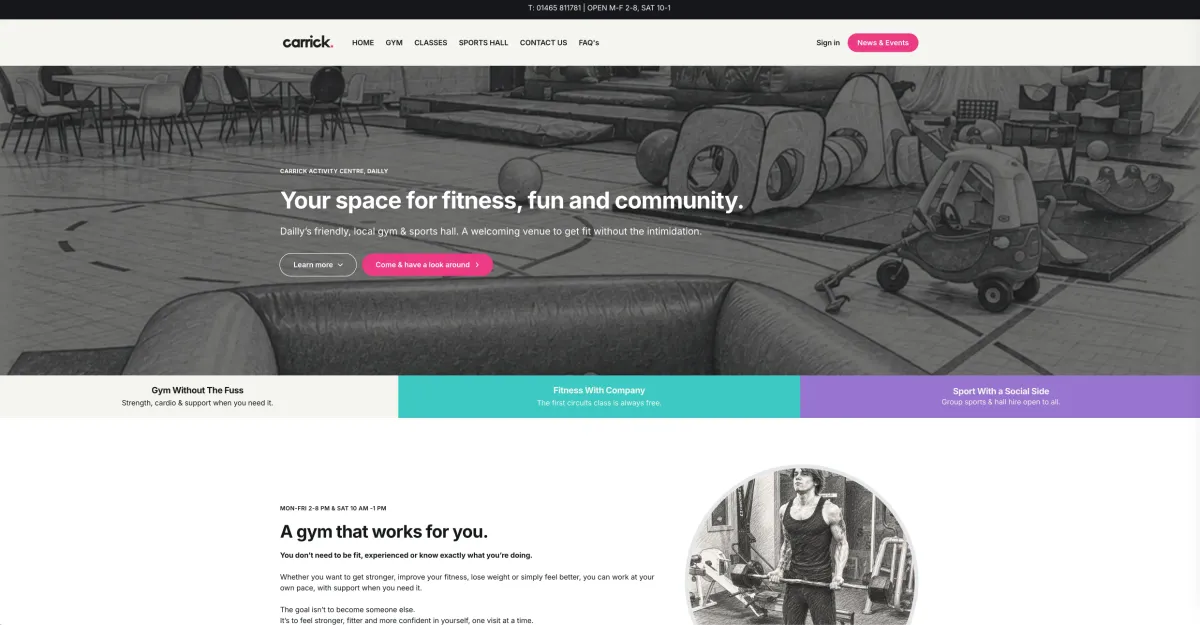 Carrick Activity Centre homepage with gym and sports hall imagery, and text "Your space for fitness, fun and community