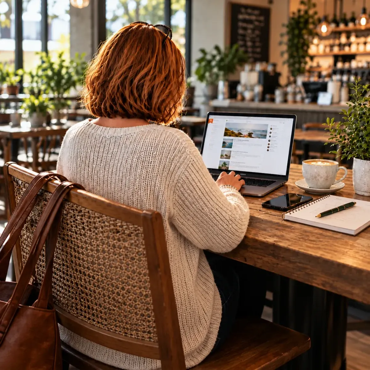 Woman working on a laptop at a cafe table with coffee and notebook