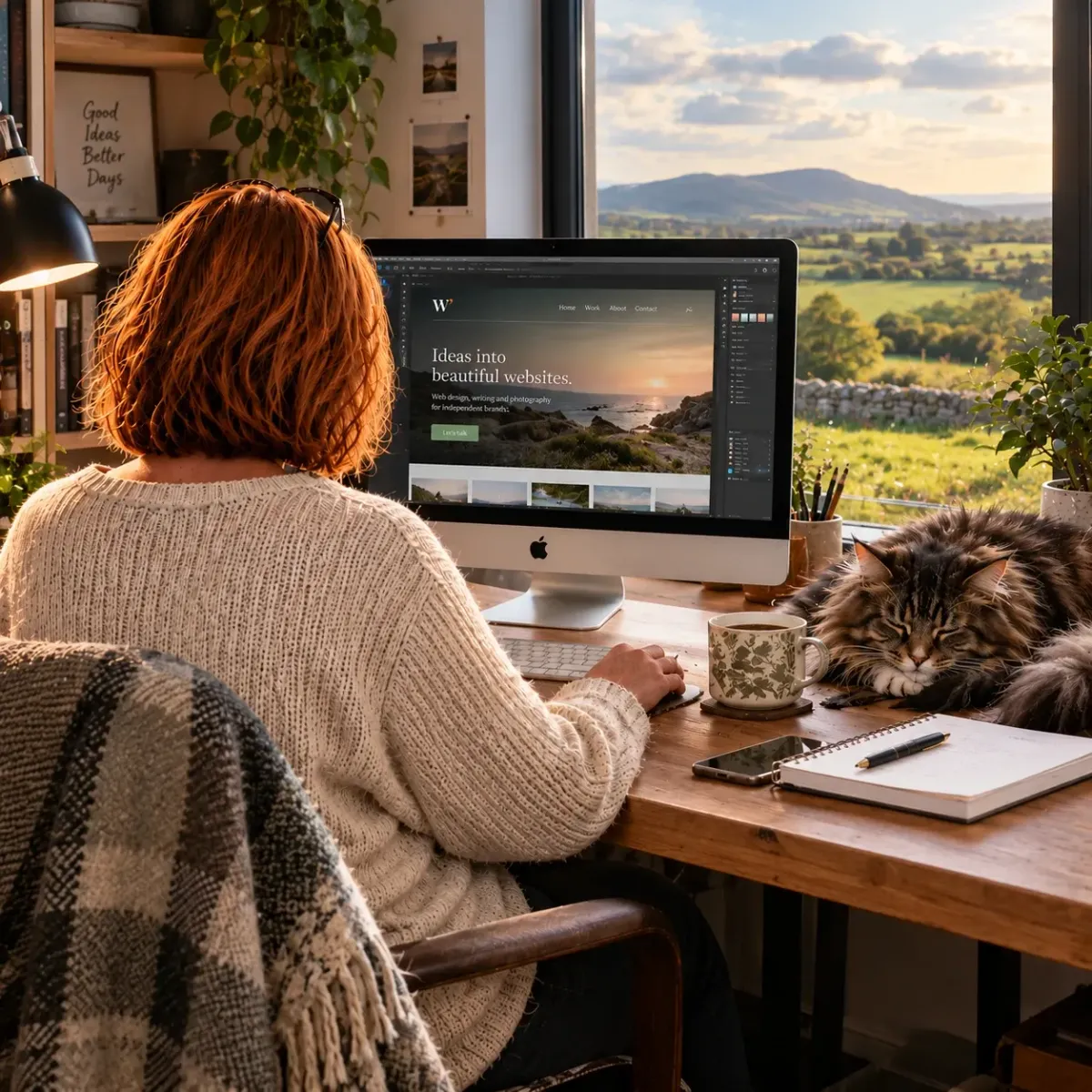 Woman works on website design, "Ideas into beautiful websites," with cat sleeping nearby