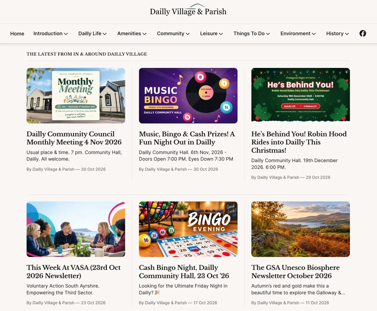 Dailly Village & Parish website homepage with news articles and navigation