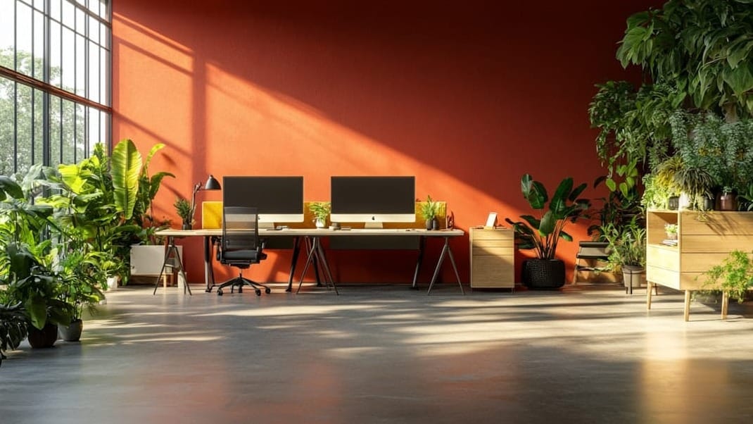 Modern office space surrounded by lush plants and indoor trees.