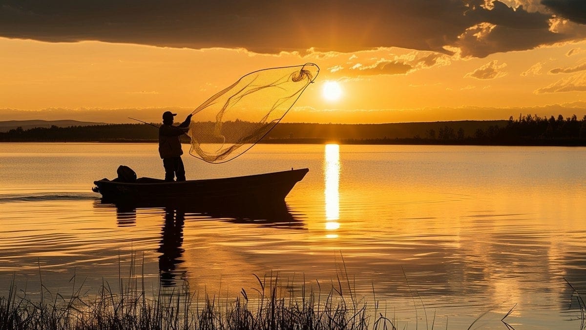 Man in small boat fishing at dawn on a quiet lake.