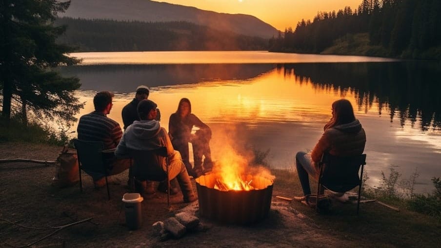 Friends gathering round a campfire.