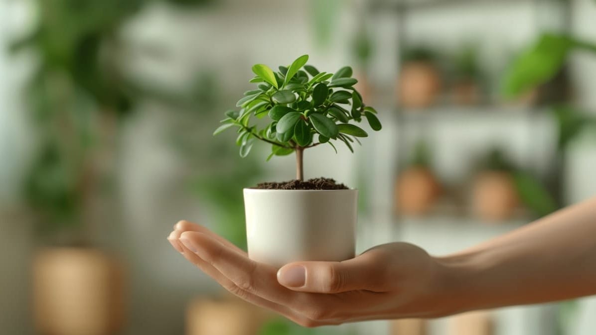 Small plant in a cream post in the palm of a woman's hand.