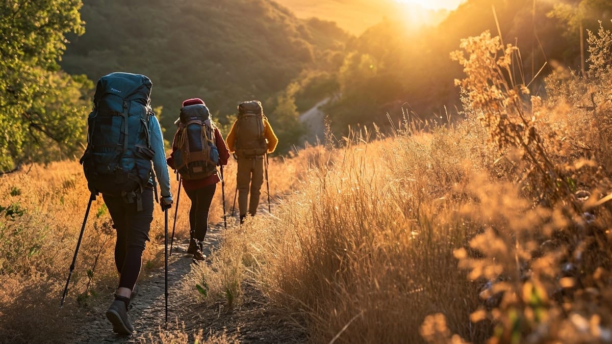 £ hikers walking into the distant sunlight.