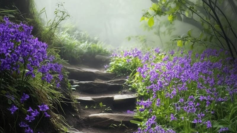 A garden stairway path with bluebells on either side.