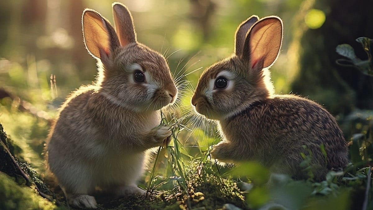 Two cute rabbits, sharing some grass.