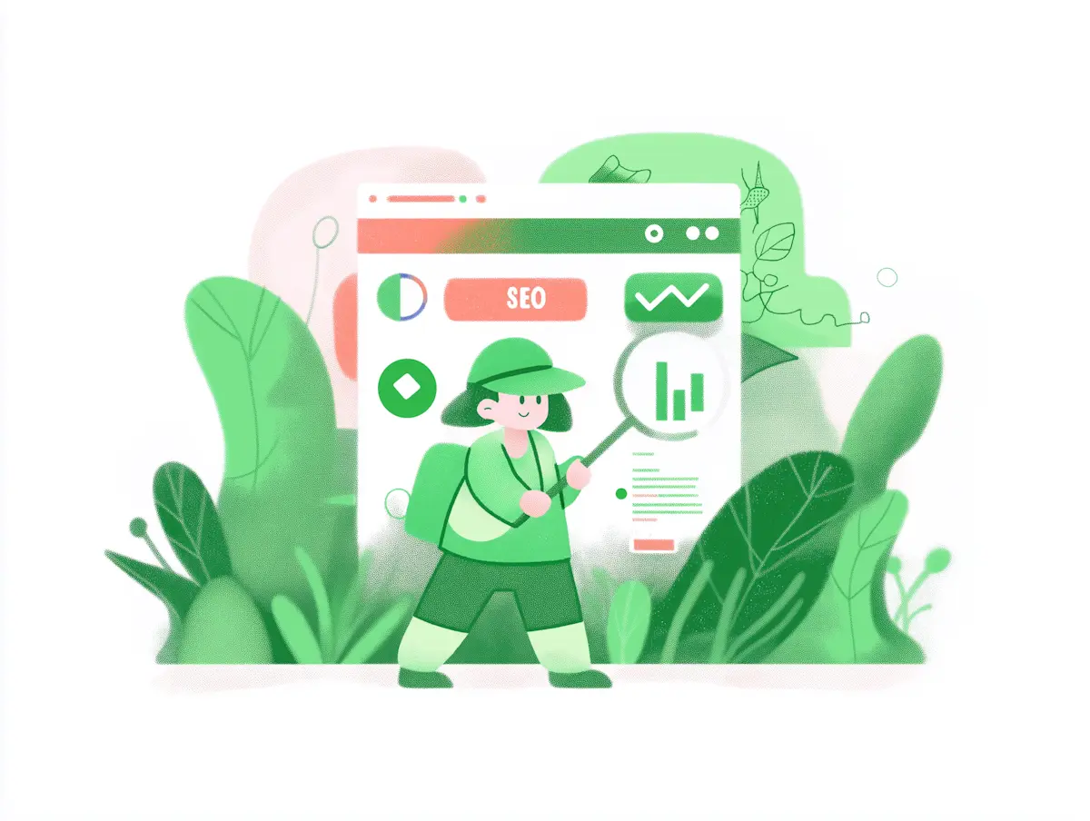 Whimsical illustration of a cartoon character exploring web graphics amidst lush green foliage.
