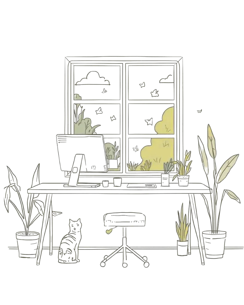 Cat under desk by window with plants and garden view.