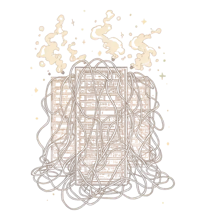 Overworked computer servers with steam and tangled wires in black and grey.