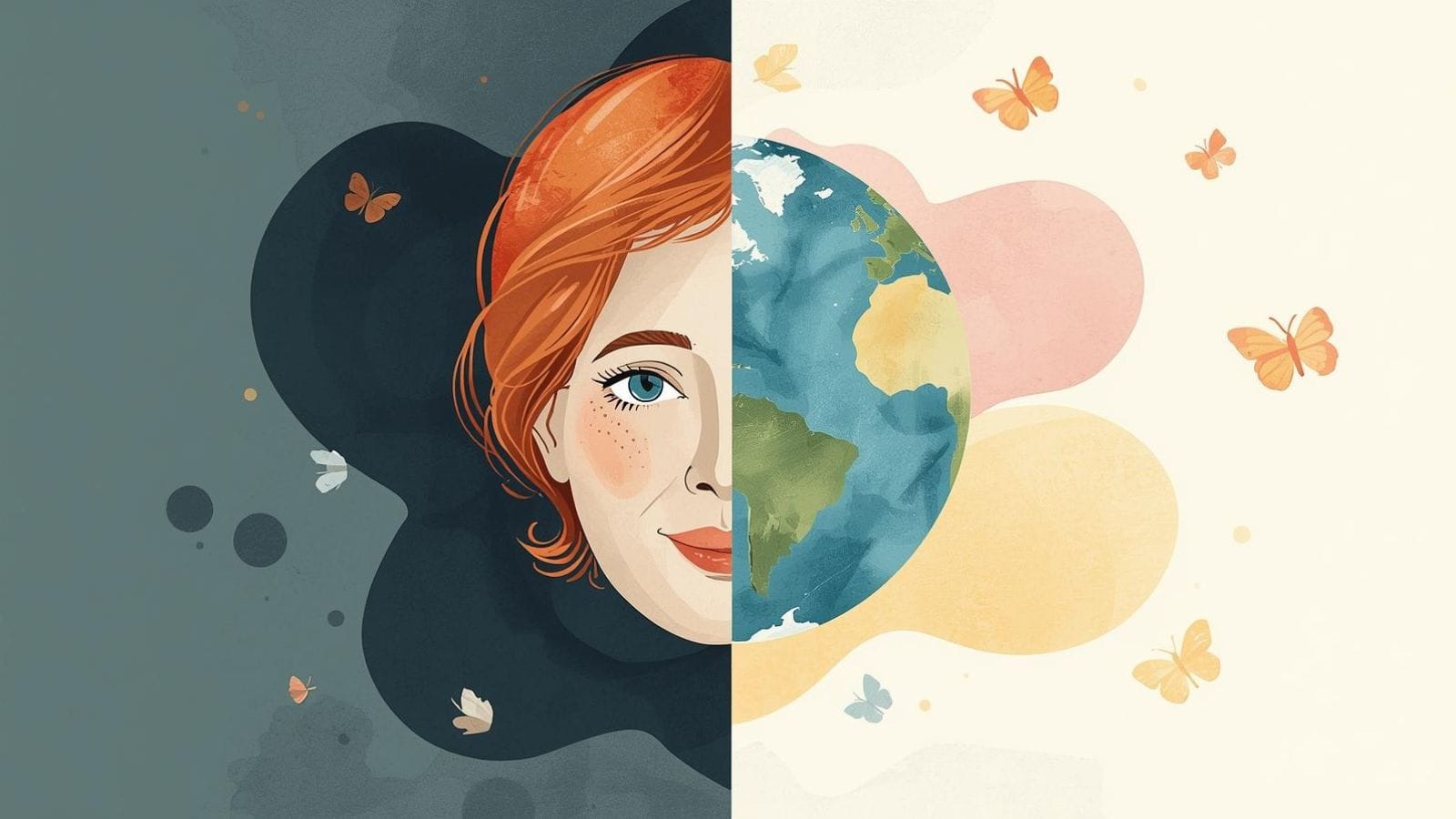 On the left a red headed woman in the dark, on the right, a planet in the sunshine with butterflies.