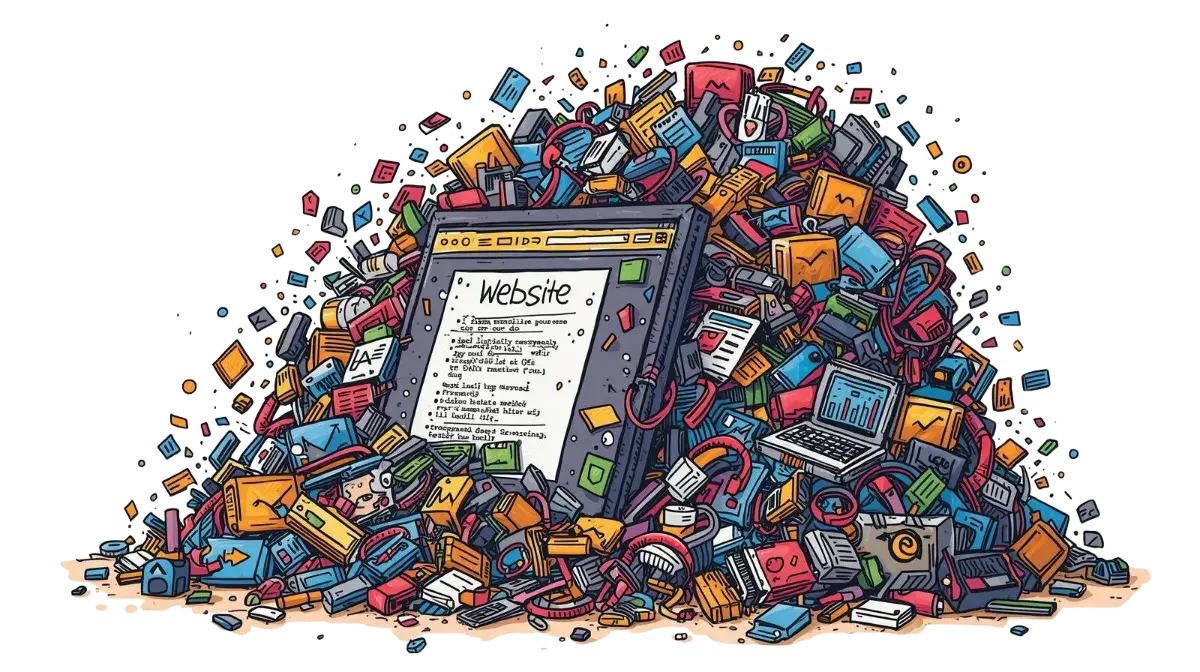 An illustration of a website crumbling under the weight of files and code.