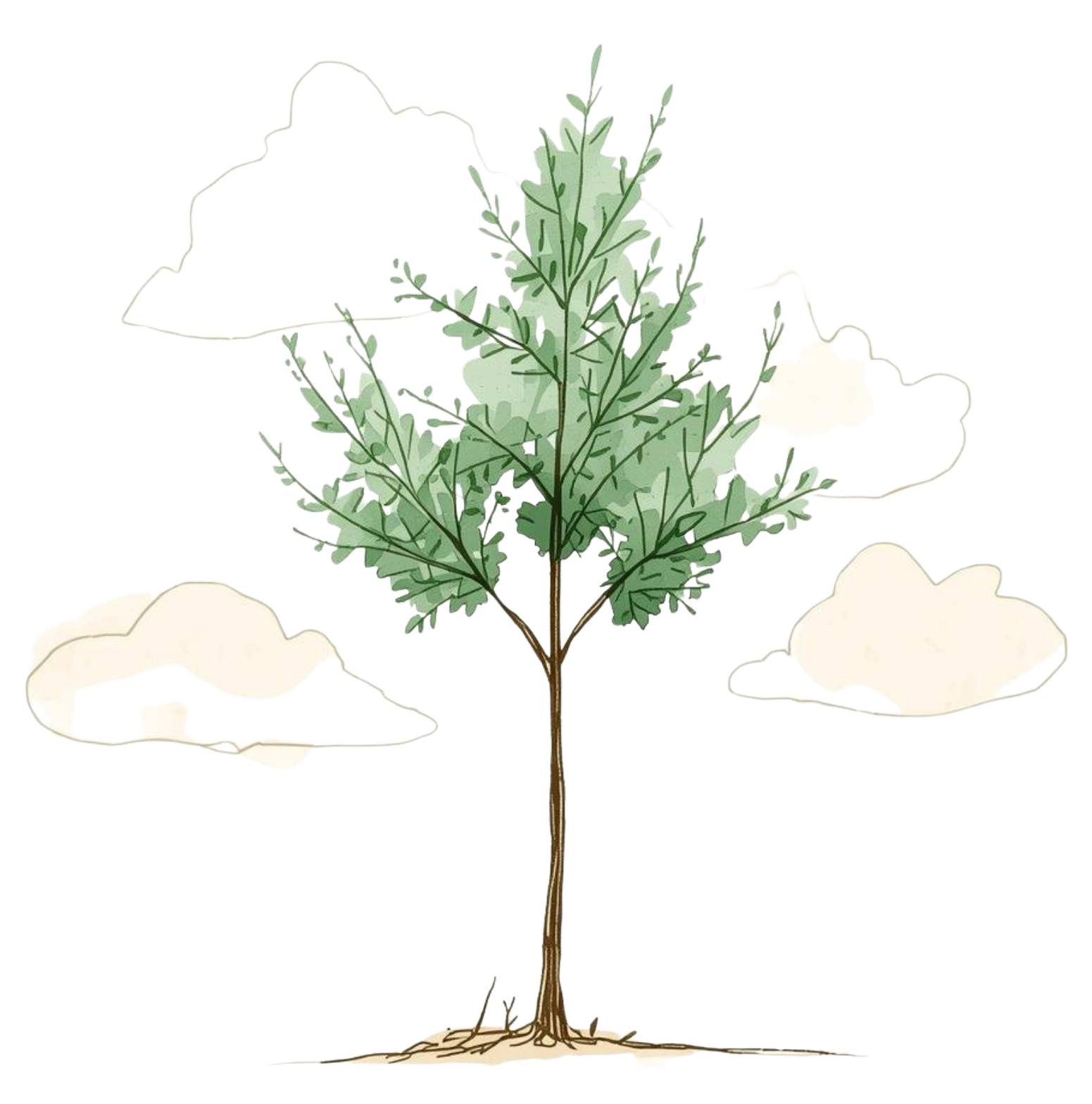 An illustrative hand drawn sketch of a single tree with light foliage. Light clouds in the background. Colours green, brown and cream.