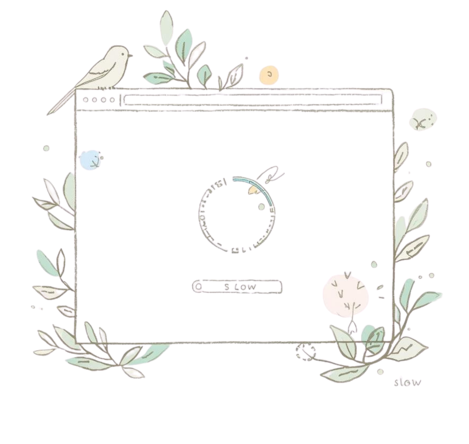 Illustrative drawing of a browser with a slow loading wheel. Browser decorated with foliage and a small green bird.