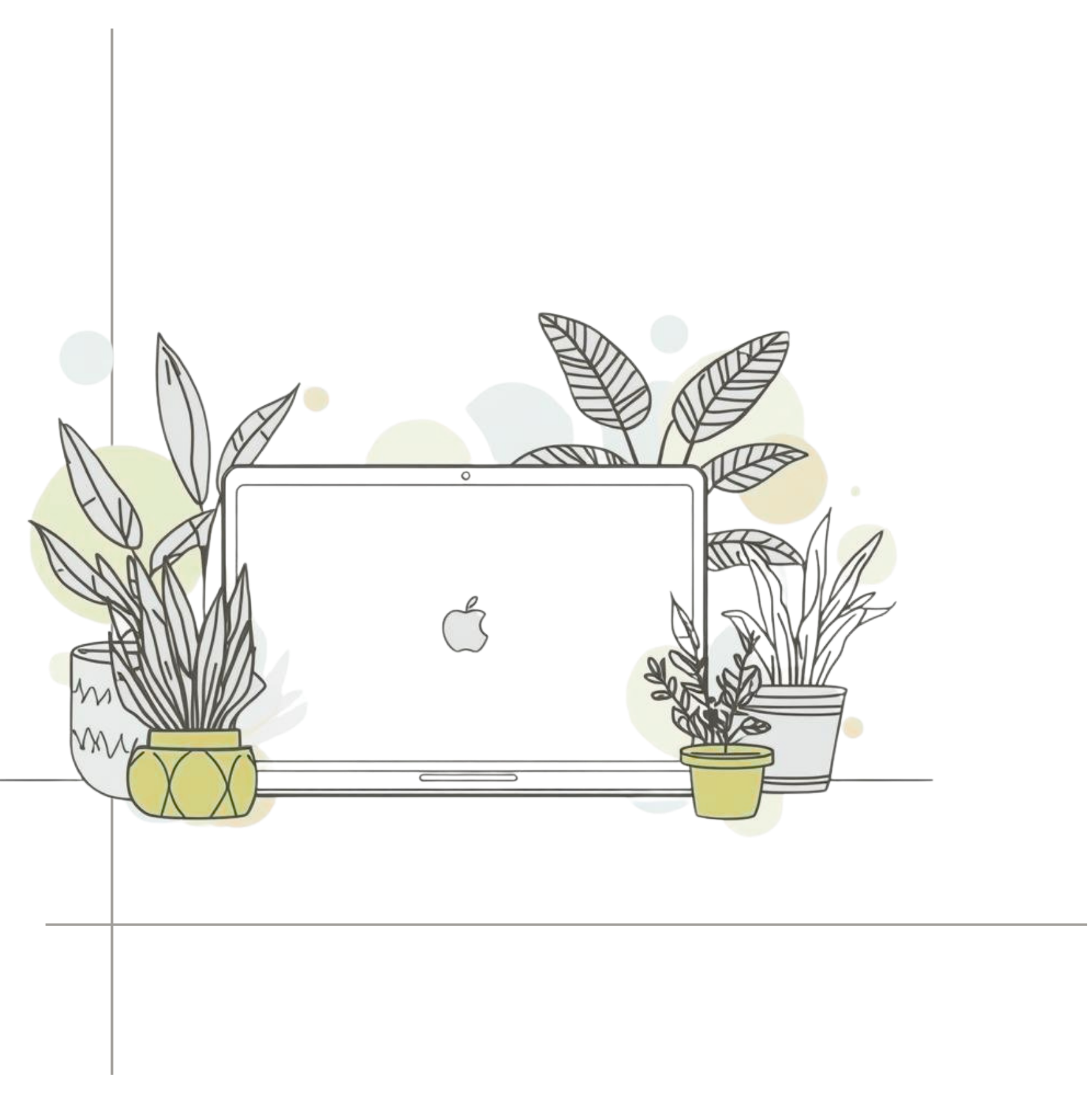 MacBook computer on a desk line drawing surrounded by small potted plants. Pastel green and grey colours.
