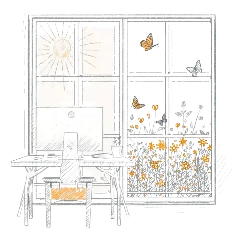 Desk with iMac and stool by window with flowers, butterflies and sunshine in pastel orange.