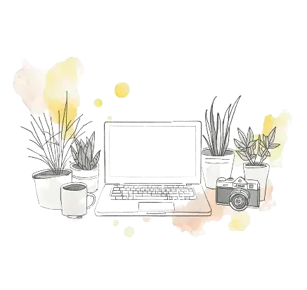 MacBook on desk with potted plants and retro camera in pastel yellow and grey