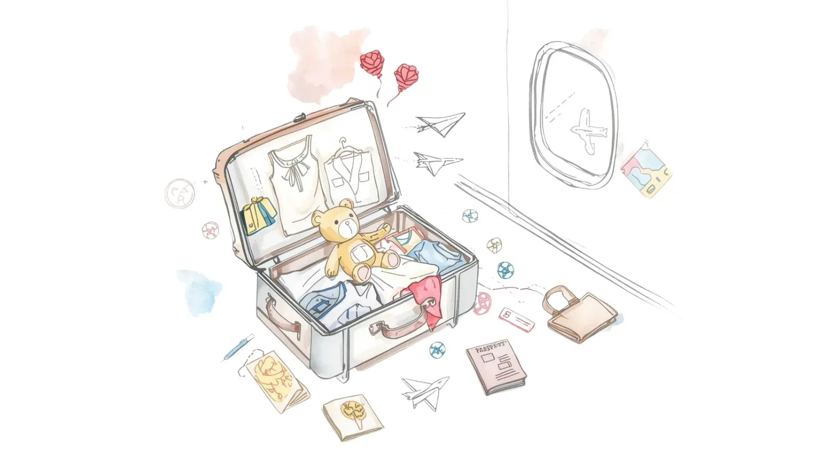 An open suitcase at an airport. Clothes and teddy in. Books and bags outwith.