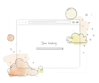 Slow loading web browser sketch with pastel clouds and bubbles.