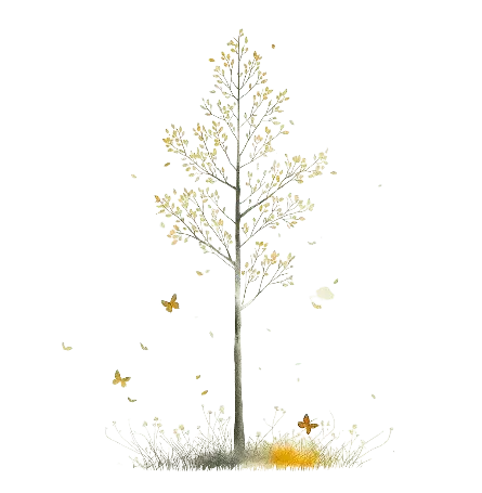 Small autumn tree losing leaves with butterflies over meadow flowers.