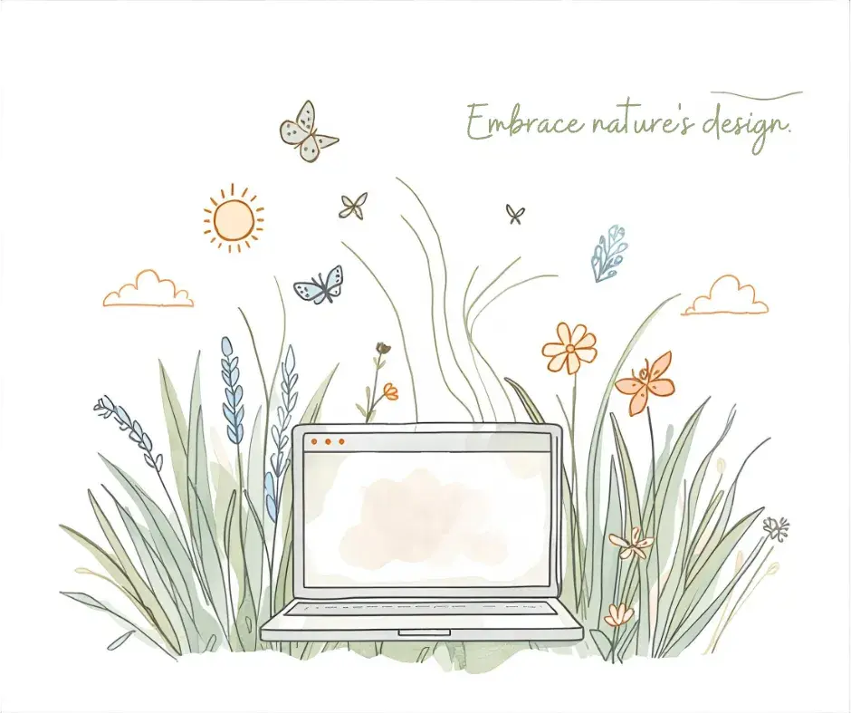 Sketch of a laptop sitting in a meadow surroudned by wild flowers and butterflies.