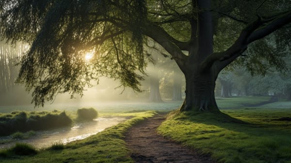 Beautiful established tree by a river, with sunlight shining through the low branches.