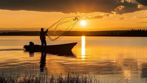 Man in small boat fishing at dawn on a quiet lake.