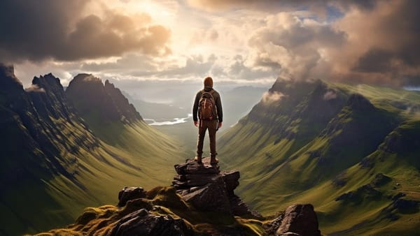A hiker conquering a high climb with a greeat view beyond.