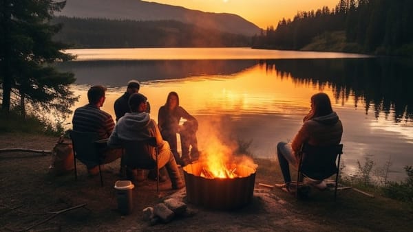 Friends gathering round a campfire.