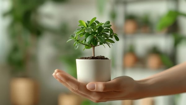 Small plant in a cream post in the palm of a woman's hand.