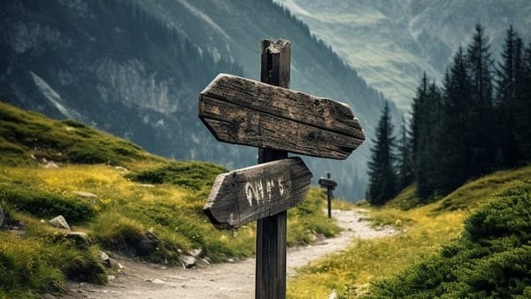 A weathered signpost on the mountain paths.