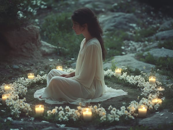 A woman in a white dress, sitting in a circle of candles and flowers
