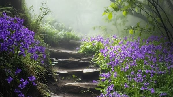 A garden stairway path with bluebells on either side.