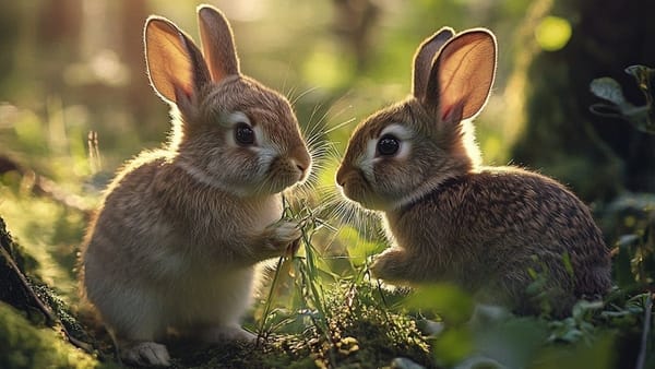 Two cute rabbits, sharing some grass.
