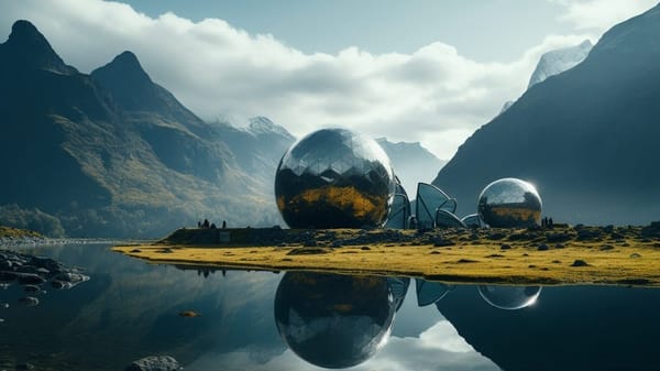 Large glass domes by a lake, mirrored in the water.